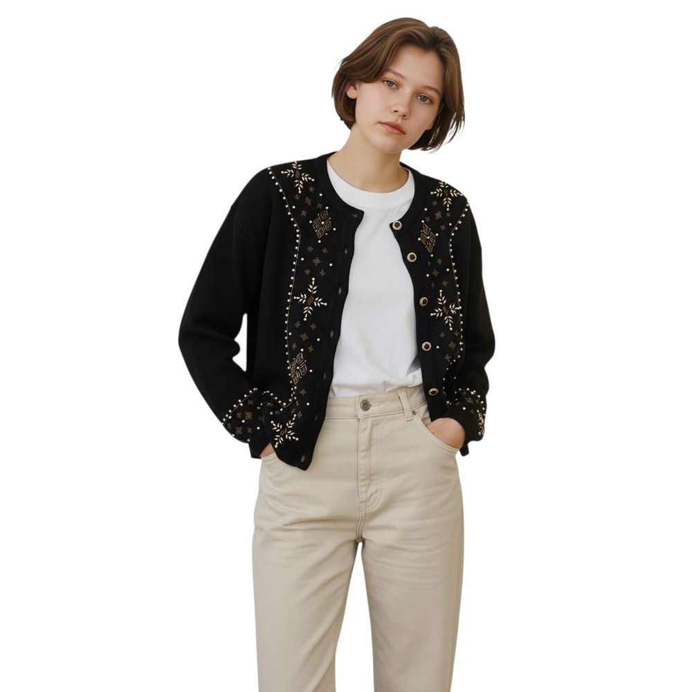 Robert Scott‎ Ltd Embellished Cardigan Sweater M Black Lambswool Blend